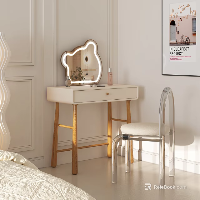 Modern White Dressing Table With Golden Legs Bear Shaped Mirror And Acrylic Chair 3d model 