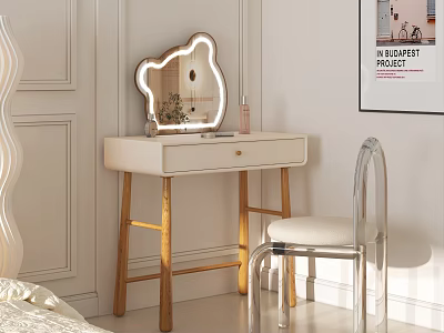 Modern White Dressing Table With Golden Legs Bear Shaped Mirror And Acrylic Chair 3d model