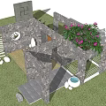 Stone Feature Wall With Wooden Doors Decorative Openings And Green Lawn