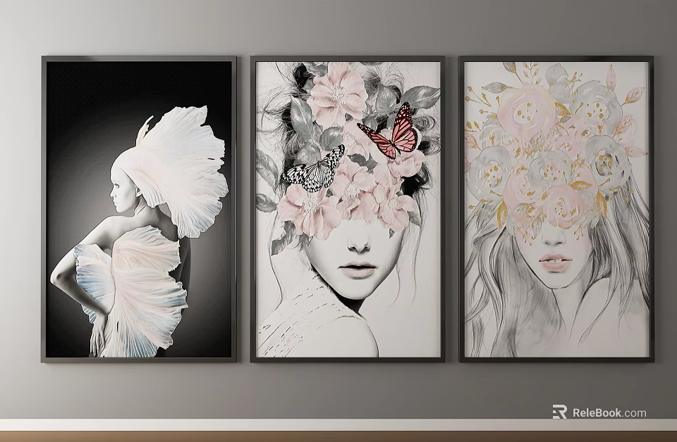 Three Portrait Paintings with Floral Elements Butterfly and Black White Line Art 3d model 