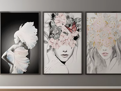 Three Portrait Paintings with Floral Elements Butterfly and Black White Line Art 3d model