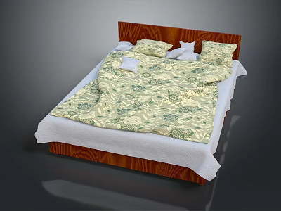Modern Double Bed With Wooden Headboard And Floral Pattern Bedding White Sheets 3d model