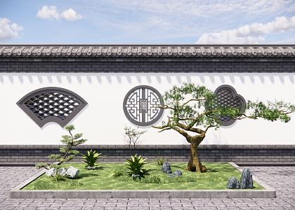 New Chinese style landscape sketch courtyard landscape sketch landscape pine window flower ancient roof stone shadow wall 3d model