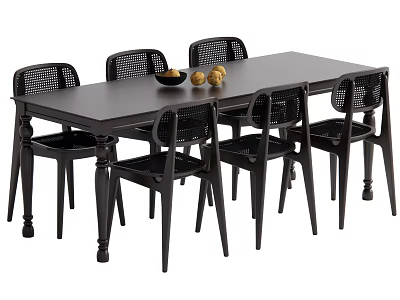 Dark Rectangular Dining Table Set with Six Woven Back Chairs and Fruit Bowl on Top 3d model