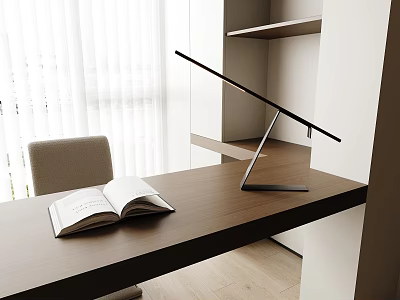 Stylish Desk Lamp Illuminating Reading Nook on Wooden Table with Open Book and Bookshelf 3d model