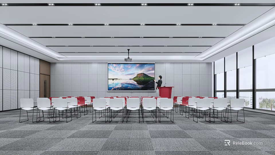 Conference Room With Large Projection Screen Podium White Red Chairs Gray Carpet Large Windows 3d model 