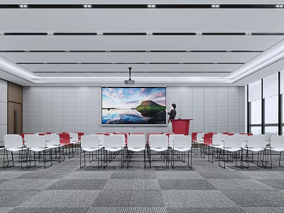 Conference Room With Large Projection Screen Podium White Red Chairs Gray Carpet Large Windows 3d model