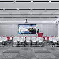 Conference Room With Large Projection Screen Podium White Red Chairs Gray Carpet Large Windows