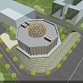 Aerial Planning of Modern Octagonal Building with Glass Dome and Surrounding Greenery Roads