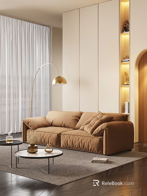 Modern Living Room Interior Design With Beige Sofa Floor Lamp And White Curtains 3d model 