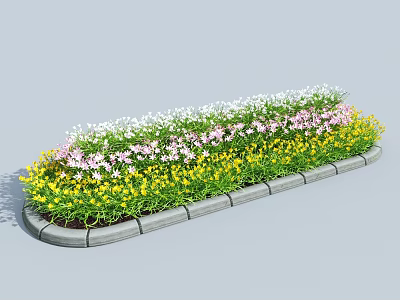 Colorful Garden Decorative Feature With Yellow Pink White Flowers And Stone Edging 3d model