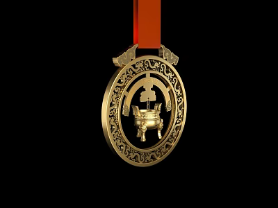 Golden Medal Art Installation Featuring Intricate Patterns And Cauldron Design With Red Ribbon 3d model