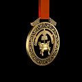 Golden Medal Art Installation Featuring Intricate Patterns And Cauldron Design With Red Ribbon