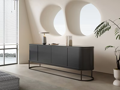 Gray Console Cabinet With Black Frame Circular Decor Table Lamp Potted Plant In Bright Entryway 3d model