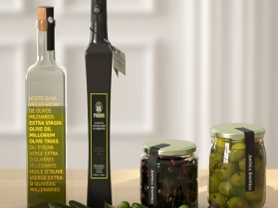Elegant Condiment Bottles Featuring Olive Oil Containers And Glass Jars With Olives For Kitchen Storage 3d model