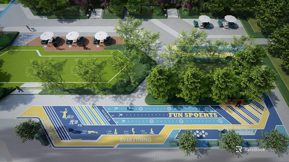 Park Landscape With Colorful Sports Track Green Lawn Umbrella Seats Trees And Fun Sports Area 3d model 