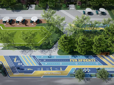 Park Landscape With Colorful Sports Track Green Lawn Umbrella Seats Trees And Fun Sports Area 3d model