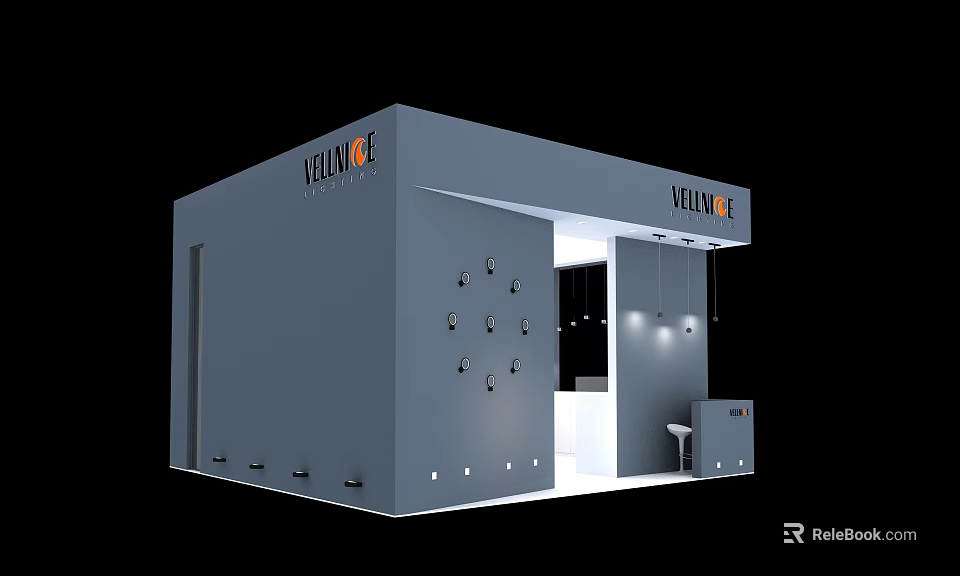 YELLINGE Exhibition Booth With Gray Exterior Circular Holes And Interior Display Setup 3d model 
