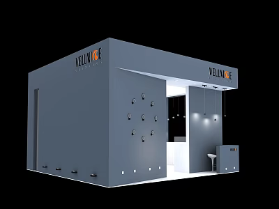 YELLINGE Exhibition Booth With Gray Exterior Circular Holes And Interior Display Setup 3d model
