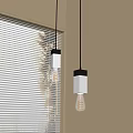 Modern Square Pendant Lights With Spiral Bulbs Near Window Blinds