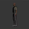 Bald Man Wearing Sunglasses Tactical Vest Khaki Shirt And Dark Pants Standing In Gray Sneakers