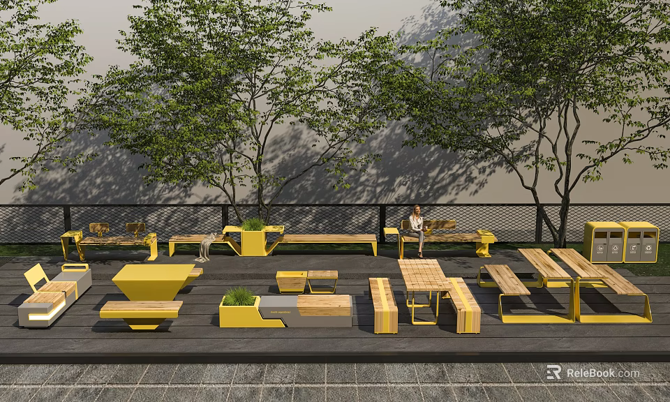 Outdoor Garden Ornaments With Yellow Wooden Benches Tables In Shady Relaxation Area With Trees 3d model 
