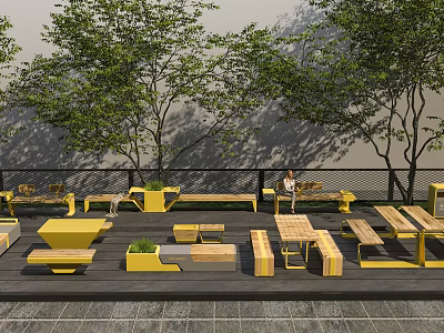 Outdoor Garden Ornaments With Yellow Wooden Benches Tables In Shady Relaxation Area With Trees 3d model