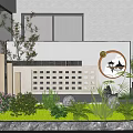 Feature Wall With Circular Decorative Panel Lattice Design Surrounded By Green Plants Lawn And Lighting