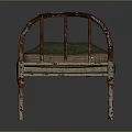 Rusted Iron Bed Frame with Red White Accents and Green Cloth Covered Mattress