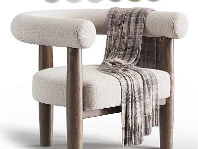 Comfortable Beige Fabric Accent Chair With Rounded Armrests Dark Wooden Legs And Plaid Blanket 3d model