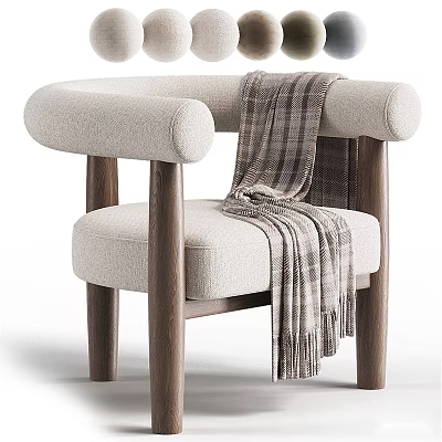 Comfortable Beige Fabric Accent Chair With Rounded Armrests Dark Wooden Legs And Plaid Blanket 3d model