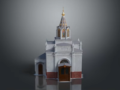 White Church Building With Golden Spire Cross Arched Door And Red Brick Base 3d model