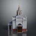White Church Building With Golden Spire Cross Arched Door And Red Brick Base