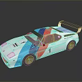 BMW Race Car With White Body Blue Red Purple Stripes Number 1 And Rear Spoiler