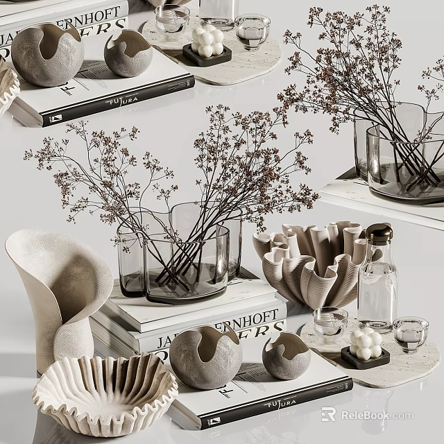 Stylish Decorative Ornament Set With Dried Flowers Glass Vases And Ceramic Pieces On Stacked Books 3d model 