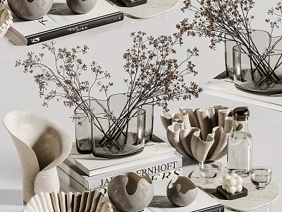 Stylish Decorative Ornament Set With Dried Flowers Glass Vases And Ceramic Pieces On Stacked Books 3d model