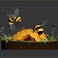 3D Illustration of Bees on Honeycomb with Grass Small Flower and Daisies