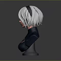 3D Character Bust Sculpture With White Silver Hair Black Blindfold And Dark Outfit Pink Patterns