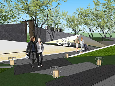 Modern Garden Landscape with Walkway Trees Lighting Installations and People Strolling 3d model
