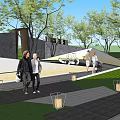 Modern Garden Landscape with Walkway Trees Lighting Installations and People Strolling