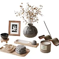 Minimalist Decorative Ornament Set With Ceramic Vase Dried Flowers Photo Frame Wooden Tray And Candle