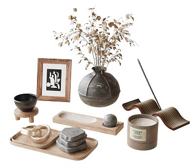 Minimalist Decorative Ornament Set With Ceramic Vase Dried Flowers Photo Frame Wooden Tray And Candle 3d model
