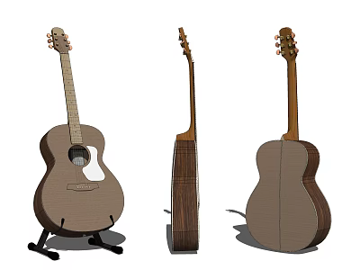 Wooden Acoustic Guitar Musical Instrument Display With Front Side Back Views On Stand 3d model