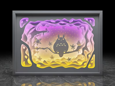 Creative Background Wall Decor with Totoro Paper Cut Art Purple Yellow Gradient and Snowflakes Stars 3d model