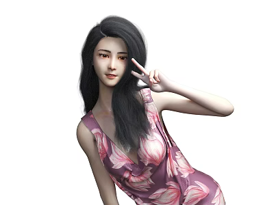 Woman With Long Black Hair In Sleeveless Purple Dress Making Peace Sign 3d model