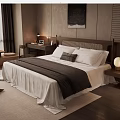 Modern Bedroom Interior With White Bed Sheets Dark Blanket Decorative Painting And Wooden Flooring