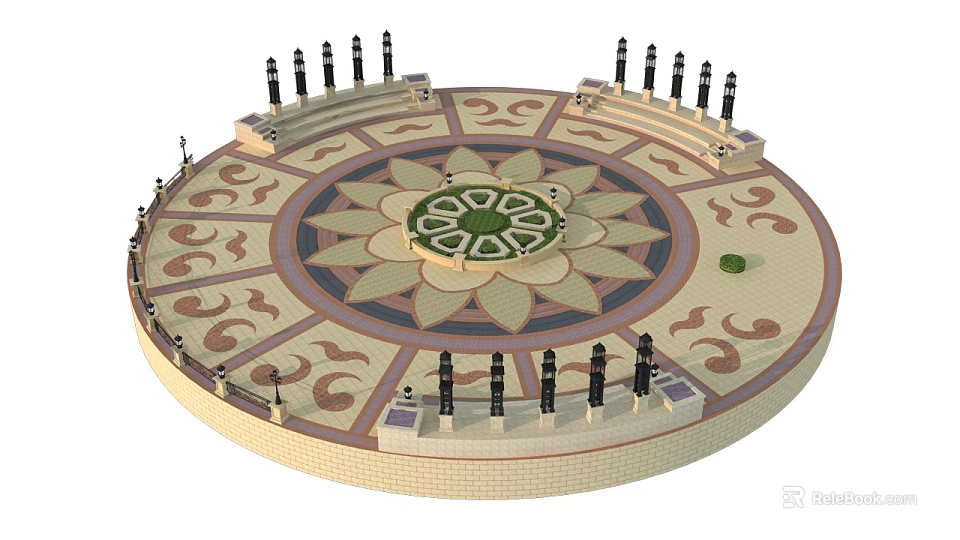 Circular Plaza Design With Central Lotus Pattern Decorative Stone Pavement And Surrounding Lamp Posts 3d model