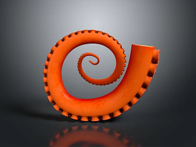 Orange Octopus Tentacle in Spiral Shape With Suckers on Gray Background and Reflection 3d model