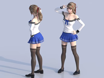 Woman In White Sailor Style Top And Blue Pleated Skirt With Black Thigh High Stockings 3d model