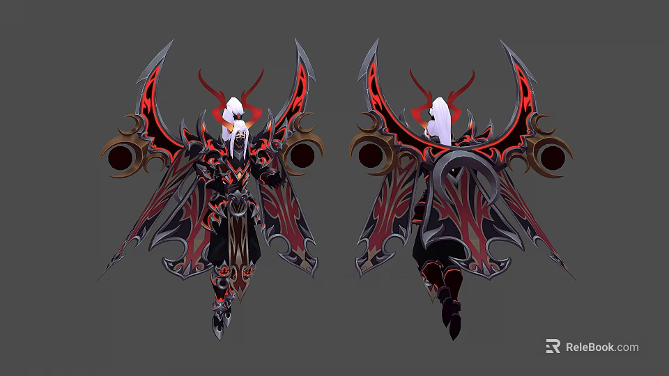 Multiple Fantasy Characters With Red Black Armor Spiked Wings And White Masked Heads 3d model 